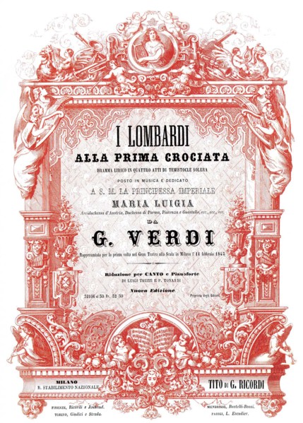 Cover of the vocal score of opera I Lombardi alla prima crociata by Giuseppe Verdi, 1861.
