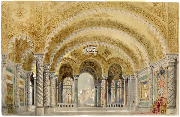 The great castle room, Act III, Set design for opera Otello by Giuseppe Verdi, world premiere, La Sc