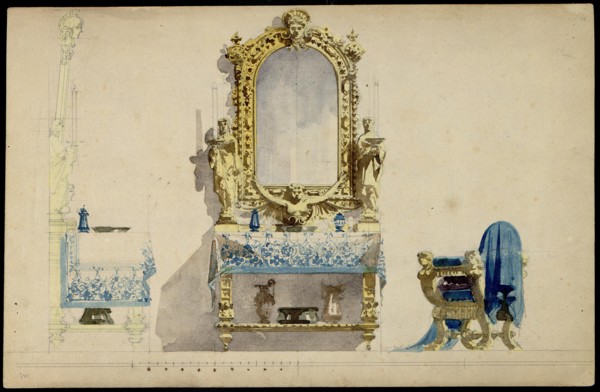 Vanity table, Desdemona's room. Set design for opera Otello by Giuseppe Verdi, world premiere, La Sc