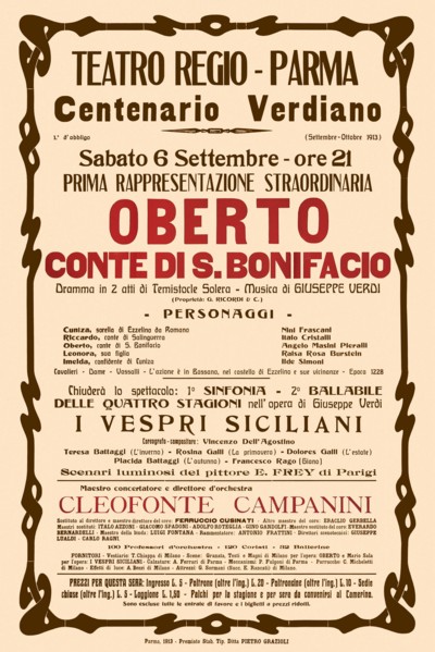 Poster for the opera Oberto conte di San Bonifacio by Giuseppe Verdi in Teatro Regio di Parma, 1913.
