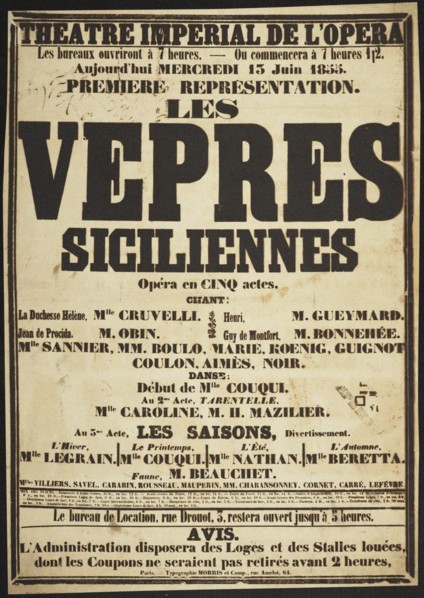 Premiere Poster for the opera Les Vêpres siciliennes by Giuseppe Verdi in Théâtre impérial de l'Opér