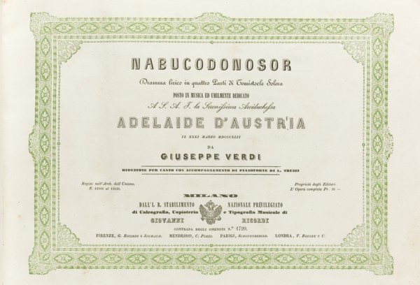 Cover of the score of the opera Nabucco by Giuseppe Verdi, 1842.