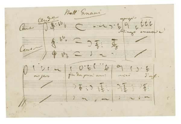 The autograph manuscript: Opera Ernani, final aria Solingo, errante e misero, Early 1840s.