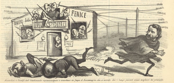 Caricature: Giuseppe Verdi and Teatro La Fenice, 1857.