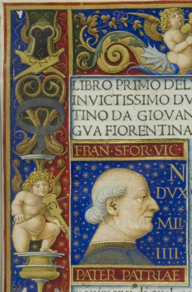 A leaf from the La Sforziada with the portrait of Francesco Sforza in the initial space, 1479.