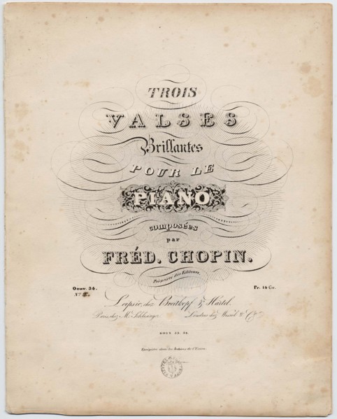 Cover page of the first German edition of the Trois Valses Brillantes, Breitkopf & Härtel, 1838.