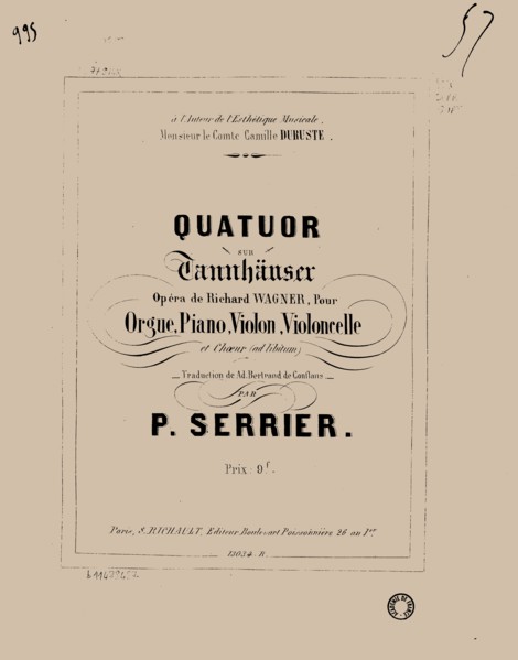 Quatuor sur Tannhäuser de Richard Wagner pour orgue, piano, violon, violoncelle et choeur, 1857.