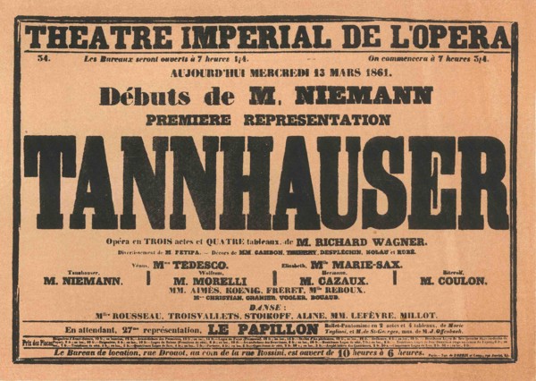 Premiere Poster for the opera Tannhäuser by Richard Wagner in the Opéra de Paris, 1861.