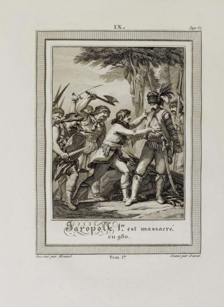 The Death of Yaropolk Svyatoslavich. 980 (From Histoire de Russie by Blin de Sainmore), 1797.