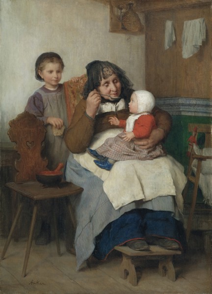 Grandmother spooning the soup to her grandchild, 1868.
