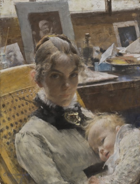 Studio Idyll. The Artist's Wife and their Daughter, 1885.