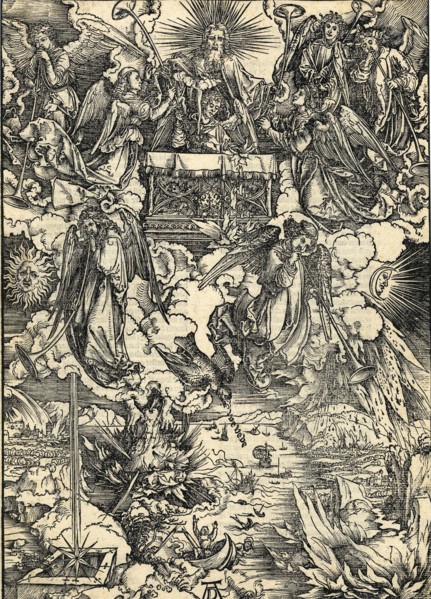 The opening of the seventh seal and the eagle crying Woe. From Apocalypsis cum Figuris, 1498.