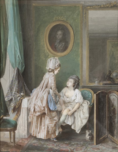 Woman pulling on her stocking, 1776.