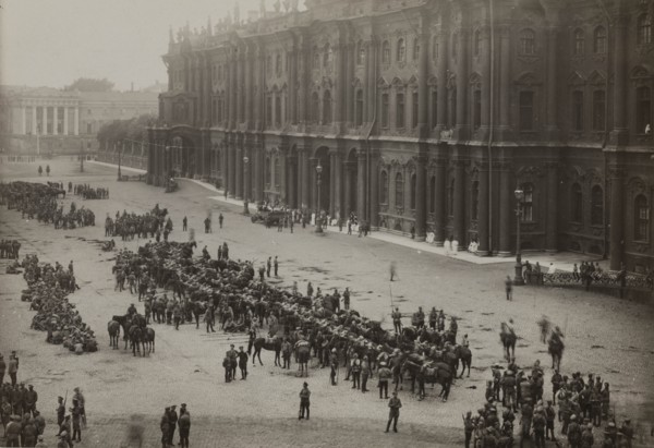 Regiments summoned back from the war front by the Provisional Government on Palace Square, before th