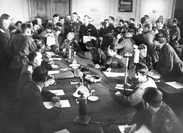The signing the German Instrument of Surrender in Berlin, May 8, 1945, 1945.