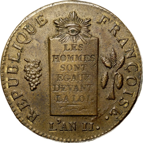 Coin 2 Sols. The National Convention period. Avers, Inscription: Les hommes sont tous égaux devant l