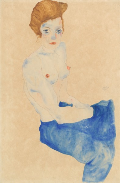 Sitting young woman, half nude with blue skirt, 1911.
