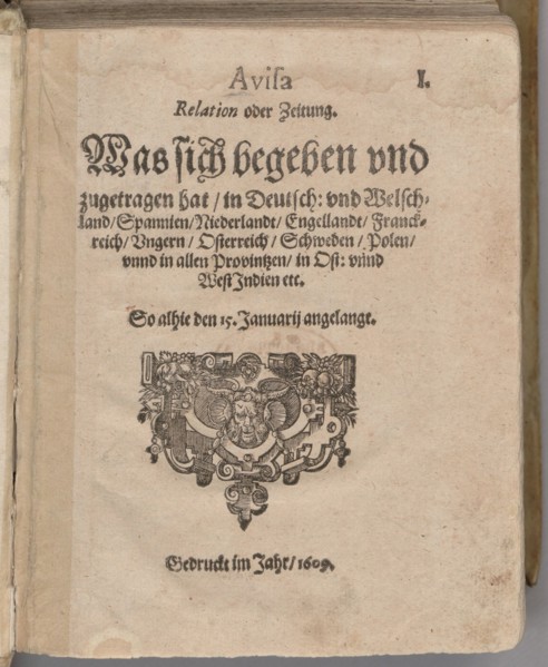 Aviso. Relation oder Zeitung. Title page of the first edition , 1609.