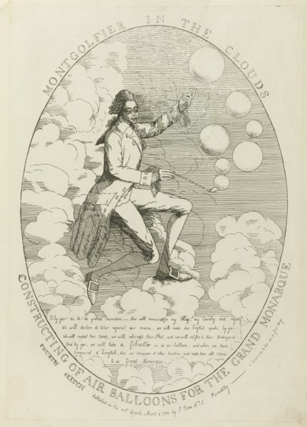 Montgolfier in the clouds. Constructing of air balloons , 1784.