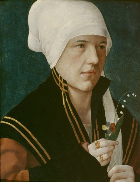 Portrait of a woman holding a Lily-of-the-Valley and a pansy, before 1520.
