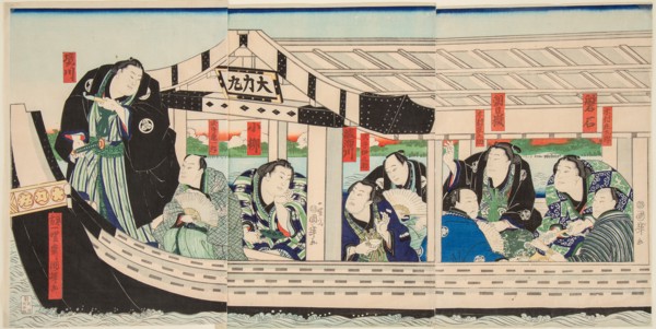 Sumo Wrestler Dairiki Maru on a boat with friends, 1864.