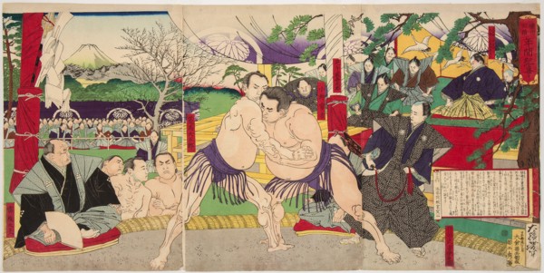 Wrestling match Koyonagi Tsunekichi vs Arauma Daigoro, 1885.