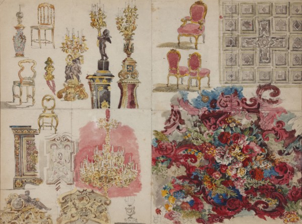 Design of furniture, ceiling, lamps, decorative wall painting with flowers for the Jussupow Palace o