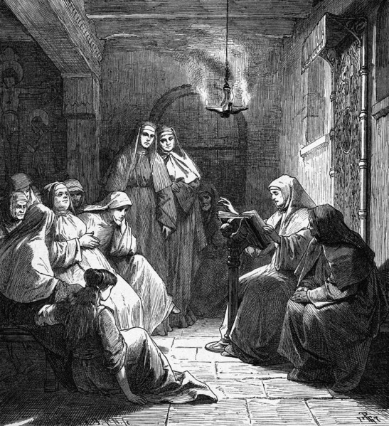 Hrotsvit as the canoness of the Gandersheim Abbey , 19th century.