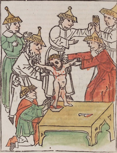 Simon of Trent. From Passio beati Simonis by Johannes Matthias Tuberinus, 1475.