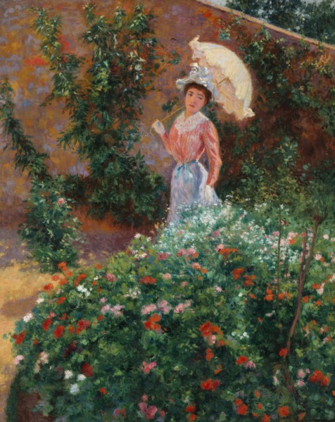 Young woman in a garden, c. 1890.