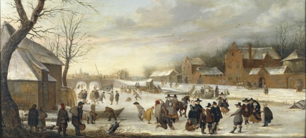 Winter landscape with iceskaters.