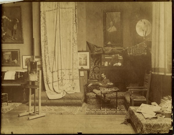 John Singer Sargent (1856-1925) in his workshop, c. 1890.