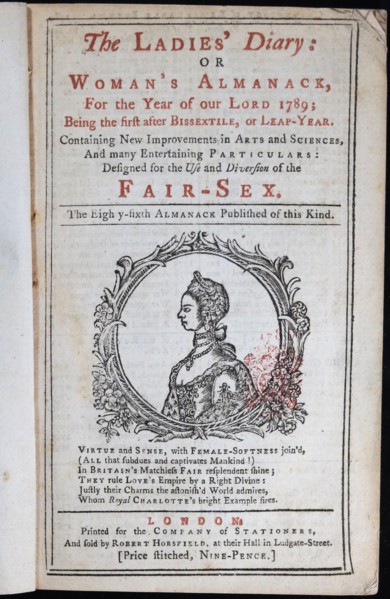 Cover of The Ladies' Diary or the Woman's Almanack, London , 1789.
