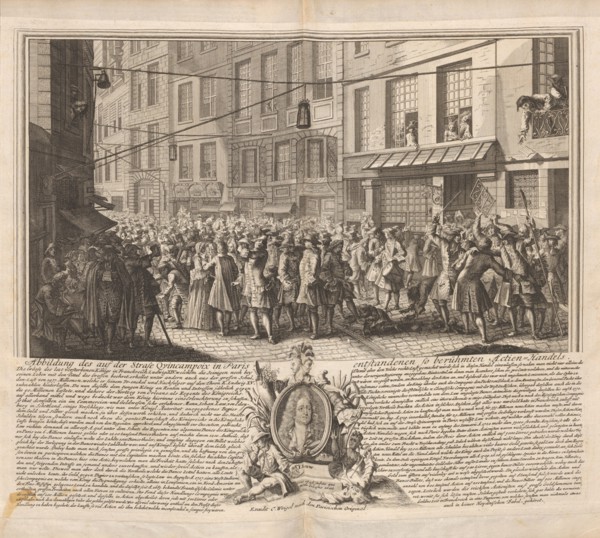 The true picture of the wind-trade on the Rue Quincampoix, Paris, ca 1720.