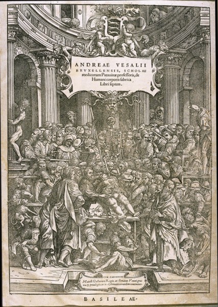 Title page from De humani corporis fabrica by Andreas Vesalius, ca 1543.