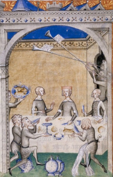 Miniature from Le Remède de Fortune by Guillaume de Machaut. Feast scene, 1355-1360.