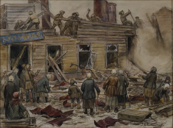 Workmen demolishing wooden houses for fuel , 1920.