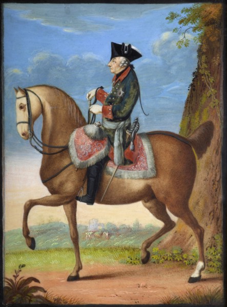 Portrait of Frederick II of Prussia (1712-1786) on horseback, 1777. Creator: Chodowiecki, Daniel Nikolaus (1726-1801).