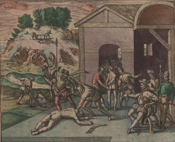 Spanish soldiers observe and carry out the punishment of a slave, 1595. Creator: Bry, Theodor de (1528-1598).