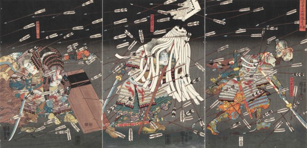 The last stand of the Kusunoki at Shijonawate (Nanke yushi shijonawate nite uchijini), c.1851. Creator: Kuniyoshi, Utagawa (1797-1861).
