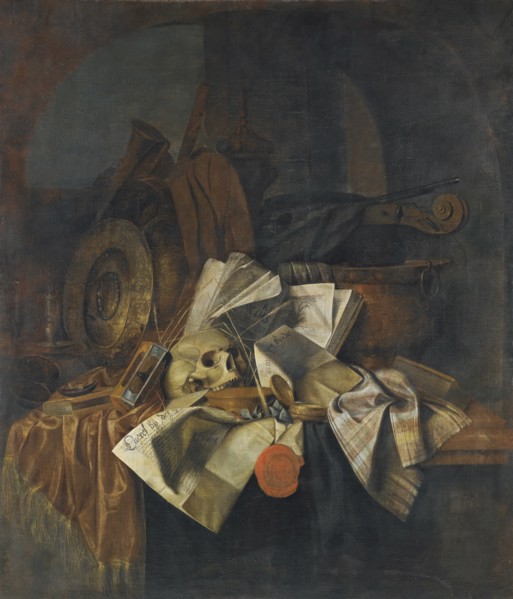 Vanitas still life with a skull, a shield, an hour glass, books and papers on a tabletop.
