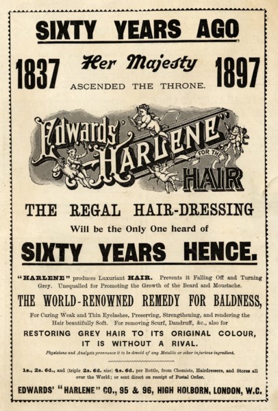 Edwards Harlene hair dressing, 1897. Artist: Unknown