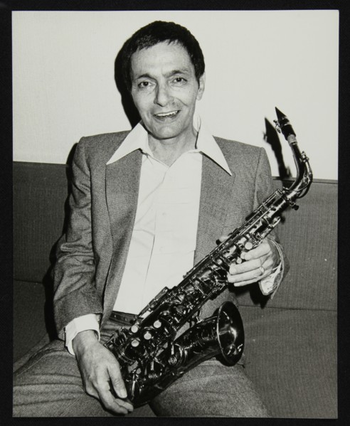 Art Pepper holding his saxophone, Royal Festival Hall, London, 14 July, 1980. Artist: Denis Williams