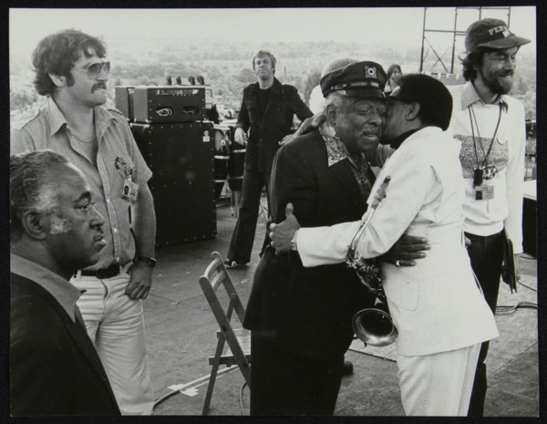 Count Basie and Illinois Jacquet meet up on stage at the Capital Radio Jazz Festival, London, 1979. Artist: Denis Williams