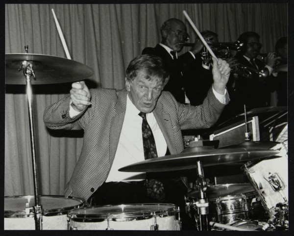 Ronnie Verrell on drums at The Fairway, Welwyn Garden City, Hertfordshire, 1991. Artist: Denis Williams