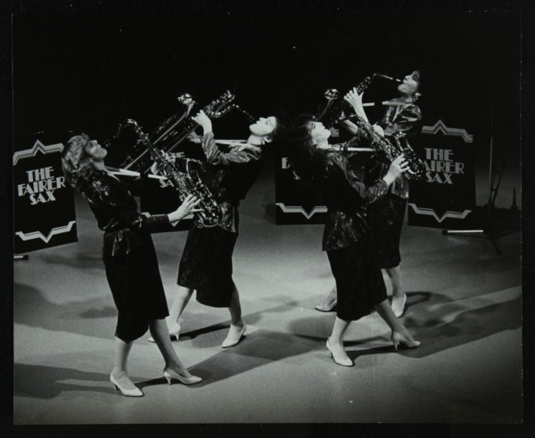 All-female quartet The Fairer Sax performing at the Forum Theatre, Hatfield, Hertfordshire, 1987. Artist: Denis Williams
