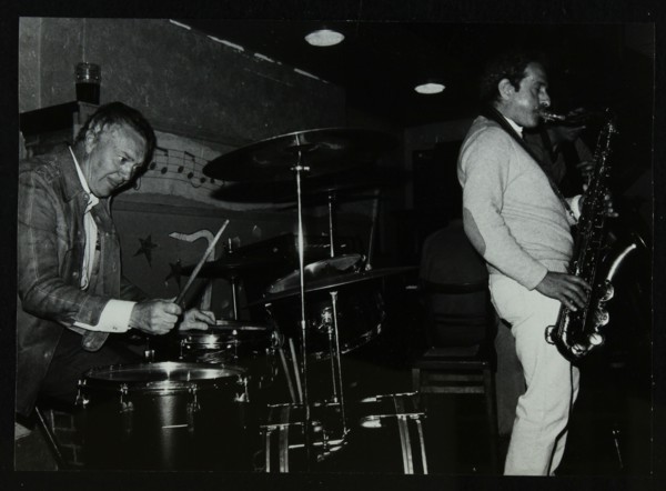 Derek Hogg (drums) and Bobby Wellins (saxophone) playing at The Bell, Codicote, Hertfordshire, 1985. Artist: Denis Williams
