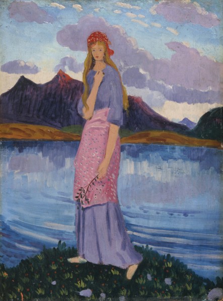 'Girl standing by a lake', 1911-12 Artist: James Dickson Innes