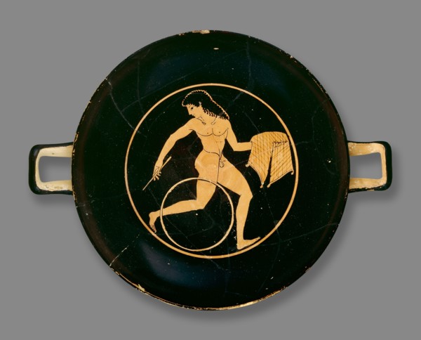 Attic red-figure cup (kylix) showing a boy running with a hoop, 6th-5th century BC. Artist: Colmar Painter.
