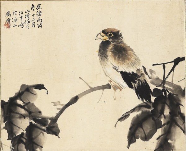 Bird on a branch, 1886. Artists: Unknown, Ren Yi.